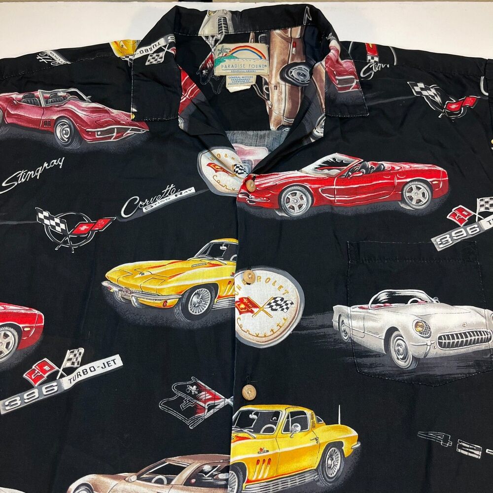 Paradise Found Vintage Corvette Chevrolet Car Hawaiian Aloha Shirt Sz Mens XXL
